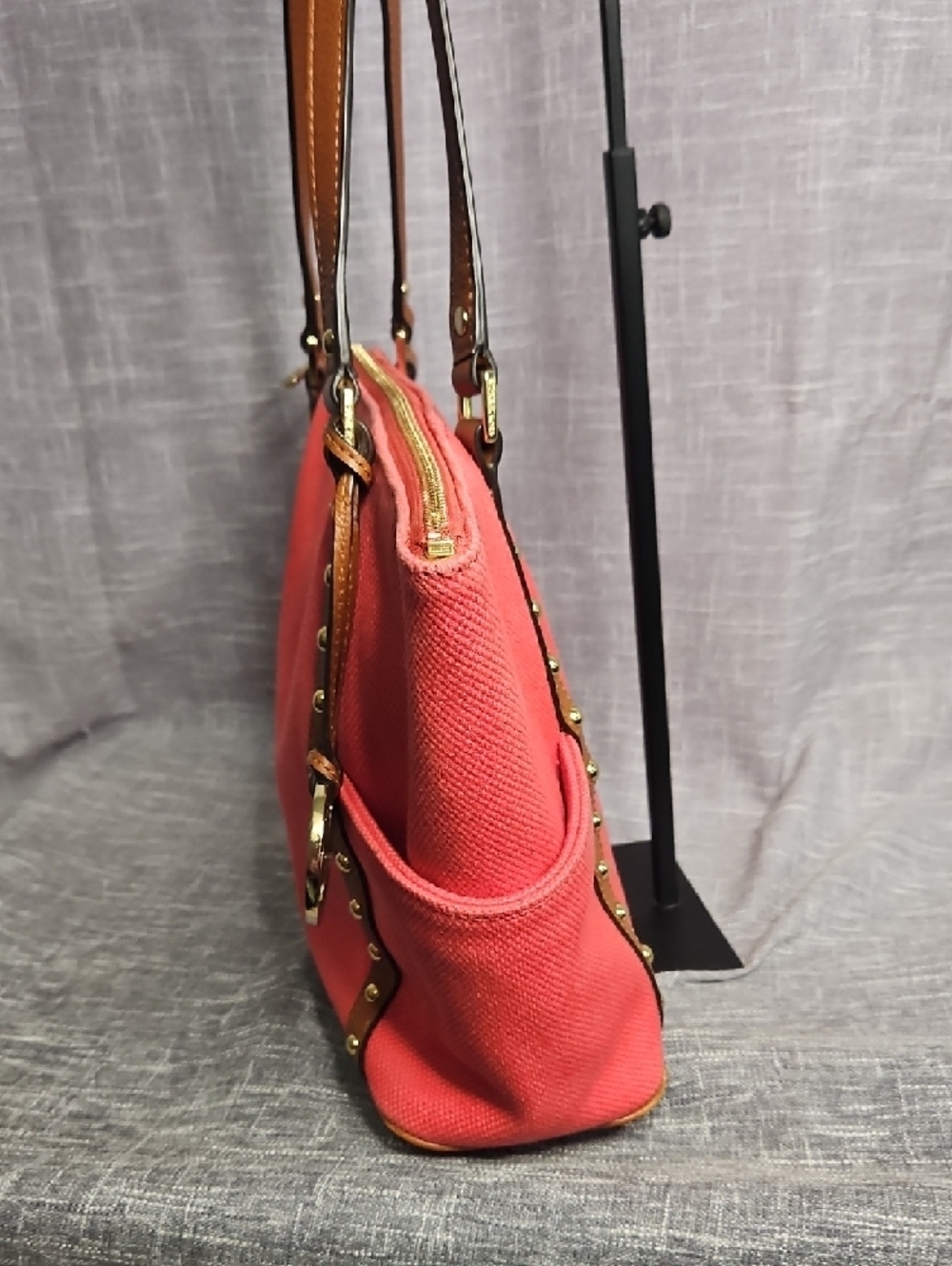 Michael Kors Coral Canvas Tote with Tan Leather Trim and MK Charm - Picture 3 of 15